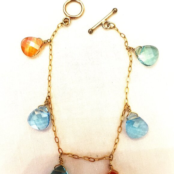 7" Delicate Gold tone Bracelet w/ 6 Teardrop Lucite Faceted Stones Orange & Blue - Picture 2 of 3
